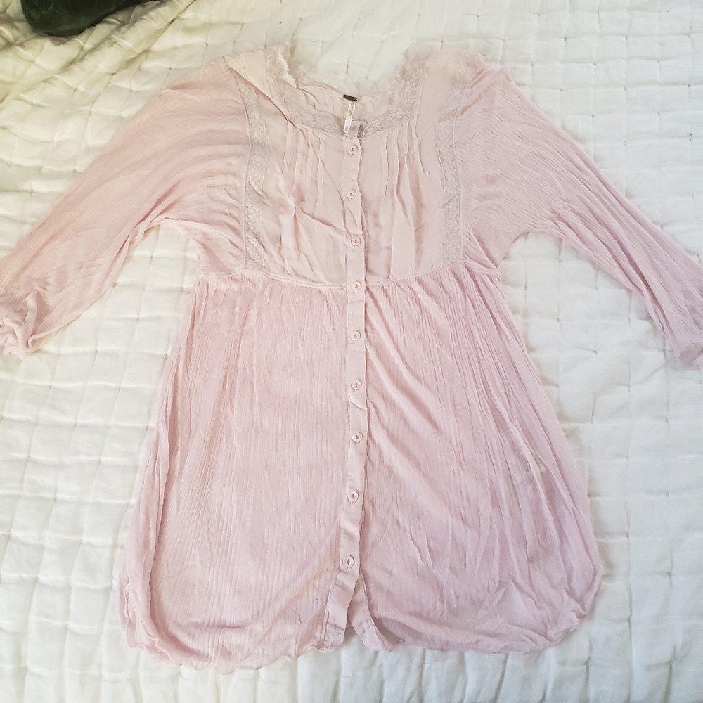 Nwot Free People Pink Lace Button up Blouse Tunic Size XS